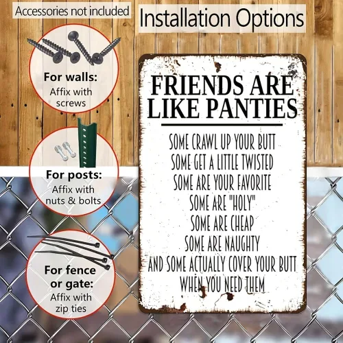 Miniatura 4 de Letrero de Metal con Frase Graciosa sobre Bragas 8x12 - 'Friends Are Like Panties' Arte Humorístico de Pared para Baño - Letrero de Hierro Blanco