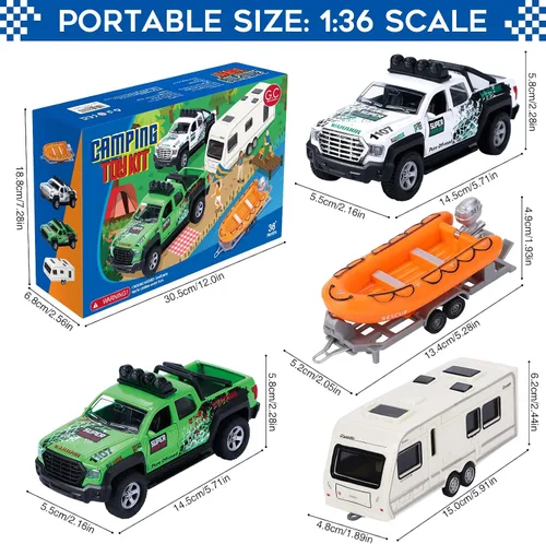 Miniatura 6 de G.C 4 Pack de juguetes de camiones de remolque para niños, juguetes de camping, barcos, camiones de metal fundido, vehículos 1:36, juguetes de autos