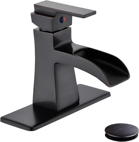 Grifo de Baño de Cascada de Bronce Frotado con Aceite, Grifo de Lavabo de Baño Centerset de Una Sola Manija Sanliv con Desagüe Pop-Up y Placa de