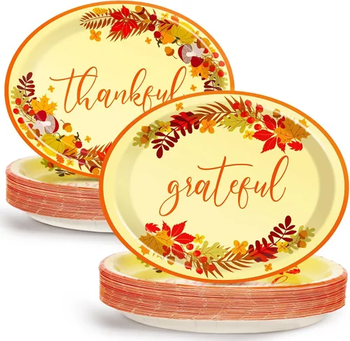 Qyeahkj 50 PCS Platos de Papel Ovalados de Acción de Gracias Grandes 11" Heavy Duty Desechables Give Thanks Platos Decoraciones de Fiesta de Otoño