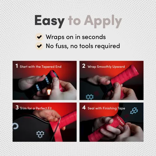 Miniatura 4 de CRBN Pickleball - Overgrips Drytec™ - Cinta adhesiva para pala de pickleball - Absorbe el impacto y la humedad - Pack de 4 Rojo - Paquete de 4