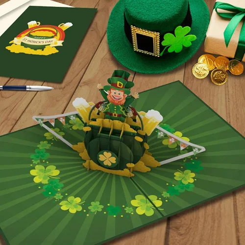 Miniatura 4 de iGifts And Cards Tarjeta desplegable 3D de duende de oro, diseño festivo de celebración irlandesa para cumpleaños del día de San Patricio y buena