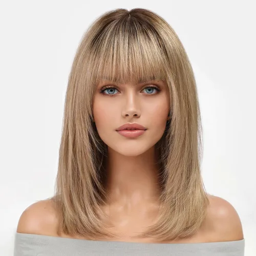 Miniatura 16 de KKU Pelucas de cabello humano de 16 pulgadas para mujer, peluca de cabello lacio en capas con flequillo, realismo natural, pelucas de cabello real