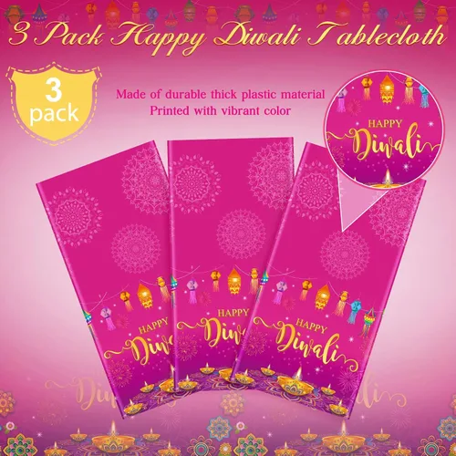 Miniatura 4 de Paquete de 3 manteles desechables Happy Diwali, mantel de plástico para mesas rectangulares, mantel Diwali para decoración india de Diwali