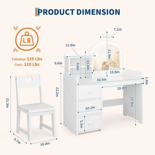 Miniatura 4 de GarveeHome Escritorio de tocador para niños con espejo y luces, tocador de madera de princesa blanca con silla, estantes de almacenamiento y White1