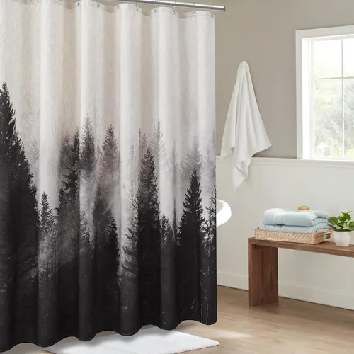 Miniatura 3 de ORTIGIA Cortina de ducha con diseño de bosque de montaña, tela de lino de mezcla pesada, árbol natural negro, cortina de baño de bosque brumoso, 60