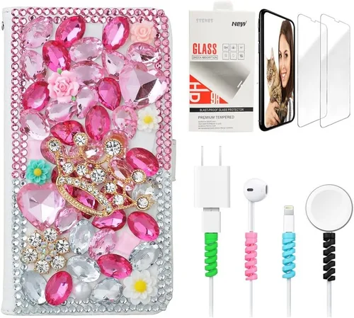 Miniatura 9 de Bling - Funda de piel con tapa para iPod Touch 5ª, 6ª y 7ª - Elegante - Diseño de flores en 3D - Funda de piel con protector de pantalla y protector
