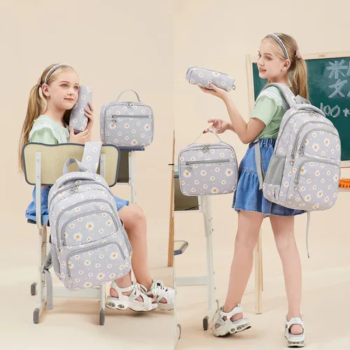 Miniatura 6 de goldwheat Mochilas impresas margaritas con paquete de almuerzo, estuche de lápices 3pcs, bolsa ligera resistente al agua para la escuela secundaria