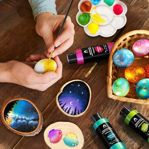 Miniatura 8 de Juego de pintura acrílica iridiscente de 40 piezas con 12 pinceles, 2 cuchillos y paleta, 24 colores (2 onzas/60 ml) - para adultos, artistas