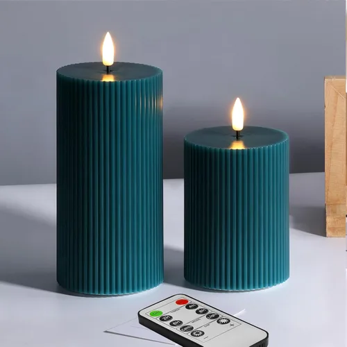 Miniatura 12 de Velas de pilar sin llama acanaladas blancas con control remoto, juego de 4 velas LED parpadeantes con parte superior plana, 3 pulgadas de alto, 4