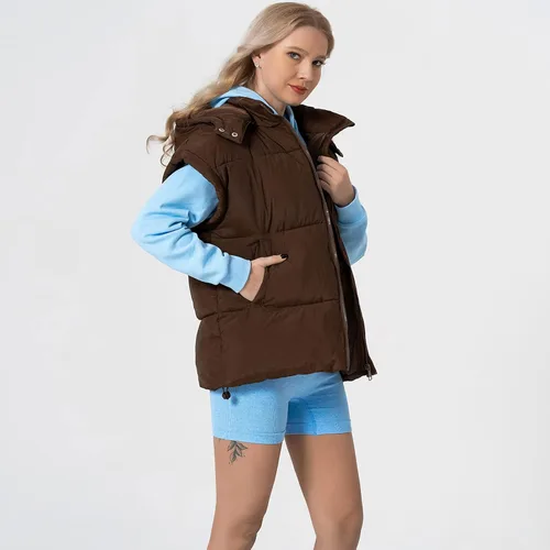Miniatura 53 de Shiyifa Chaleco acolchado para mujer, chaqueta de gran tamaño, sin mangas, ligera, con cremallera, con capucha desmontable