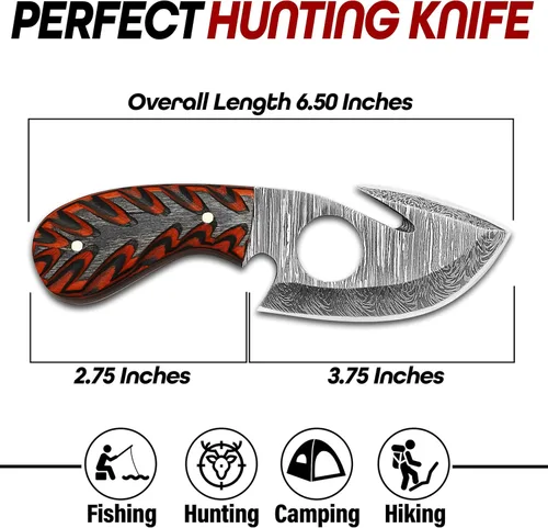 Miniatura 2 de RYOBA Cuchillo de desollar de Damasco con gancho hecho a mano de acero de Damasco de hoja fija, cuchillo de caza y despellejador con gancho Cuchillo