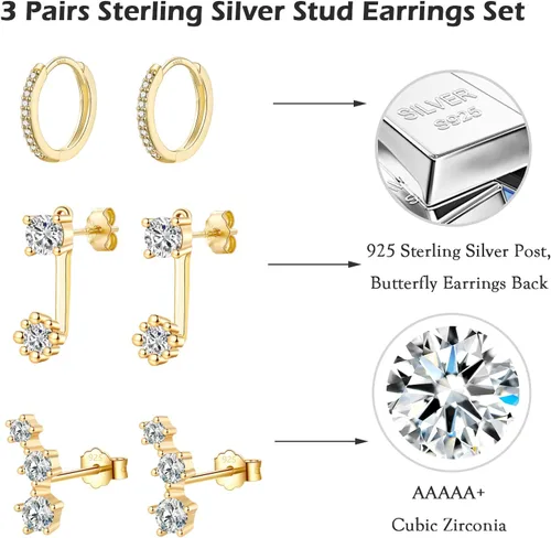 Miniatura 6 de Aretes de tuerca de plata de ley para mujeres y niñas, 3 pares de aretes de tuerca de cartílago pequeños, platadorado