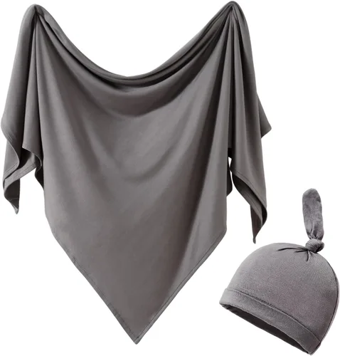 Miniatura 13 de Juego de manta de algodón de punto para bebé con gorro y diadema para recién nacido, mantas de recepción para bebé, niña y niño, 35 x 35 pulgadas