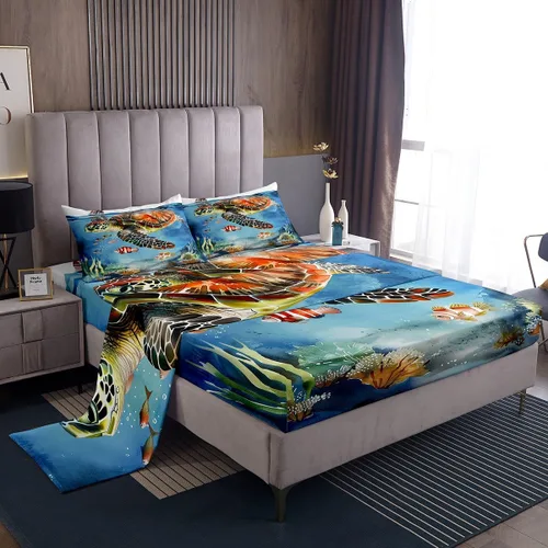 Miniatura 40 de Erosebridal Juego de sábanas de ballena náutica, tamaño individual, juego de ropa de cama vintage azul con ondas oceánicas para niños y niñas