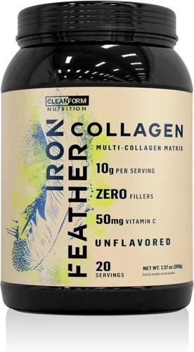 Iron Feather - Polvo de colágeno | Sin sabor | Proteína de colágeno múltiple con vitamina C | Ayuda a las articulaciones, tendones, recuperación,