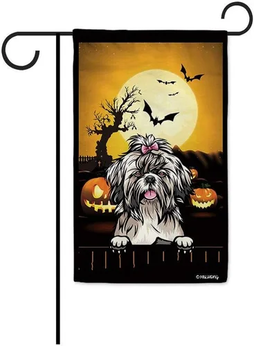 Miniatura 14 de Bandera de jardín de calabaza de Feliz Halloween Jack O'Lantern con perro Rhodesian Ridgeback Halloween Bat Boo Bandera decorativa para patio al