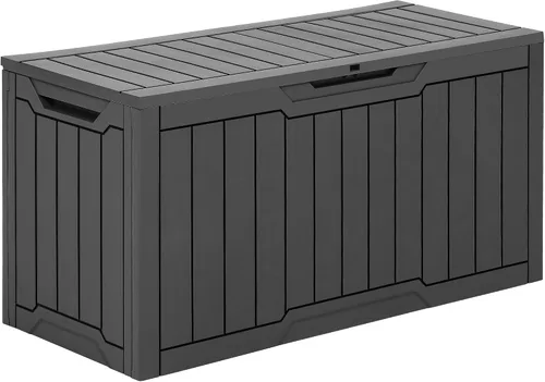 Miniatura 16 de YITAHOME Caja grande de cubierta de 120 galones con parte delantera en forma de X, cajas de almacenamiento de resina para exteriores, banco de Negro