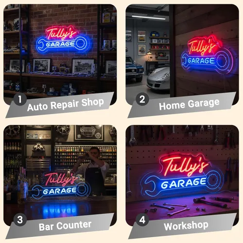 Miniatura 8 de Letrero de neón personalizado para garaje, letrero de luz LED personalizado con forma de llave inglesa, decoración de pared de taller de mecánica