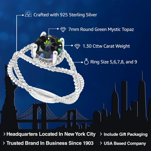 Miniatura 9 de Gem Stone King 7MM Round Gemstone Birthstone Solitaire Ring for Women Twisted Rope Band in 925 Sterling Silver Available in Sizes 5, 6, 7, 8, 9