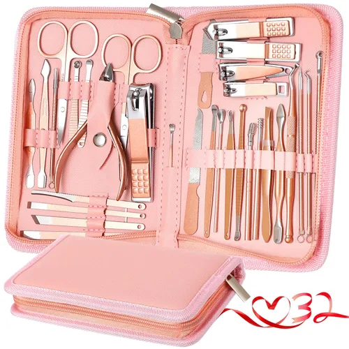 Miniatura 14 de Juego de manicura y pedicura para mujer, juego de cortaúñas 32 en 1, herramientas profesionales de cuidado de uñas, incluye cuidado facial, uñas