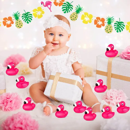 Miniatura 7 de Patos de goma flamencos para niños, 24 juguetes de baño de pato flamenco rosa, lindos patos de goma flotantes chirriantes para baby shower