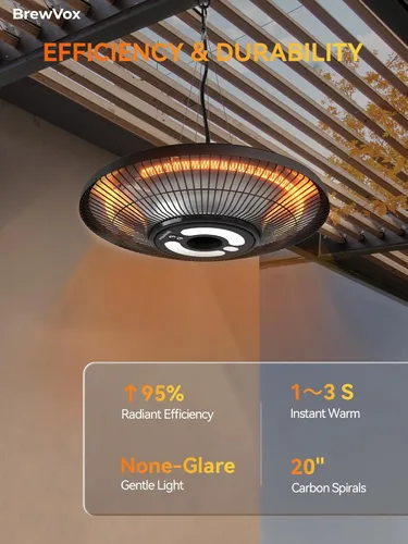 Miniatura 3 de Calentador colgante de patio exterior de carbono infrarrojo de 1500 W con luz nocturna LED, calidez instantánea, control remoto inteligente