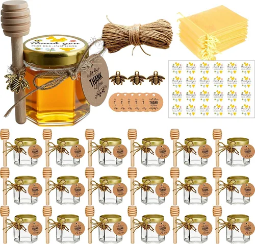 Miniatura 12 de Adabocute Mini tarros de miel – Tarro hexagonal de miel de vidrio con tapas doradas, cubos de madera, abalorios de abeja y yutes – Pequeños tarros