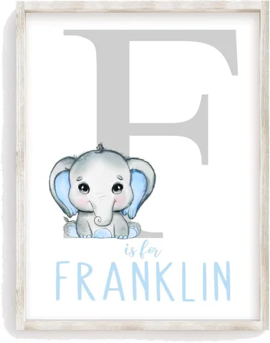 Pixie Paper Decoración personalizada de elefante de acuarela azul para bebé, niño, impresión sin marco, monograma inicial de letra con nombre de bebé