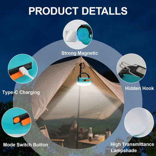 Miniatura 6 de Luz de campamento recargable, linterna LED para cortes de energía, luz de emergencia impermeable para tienda de campaña con gancho magnético, banco