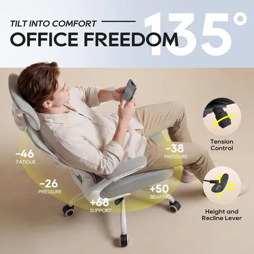 Miniatura 3 de Silla de oficina ergonómica, silla de oficina de malla de respaldo alto con soporte lumbar ajustable, reposabrazos abatibles, silla giratoria