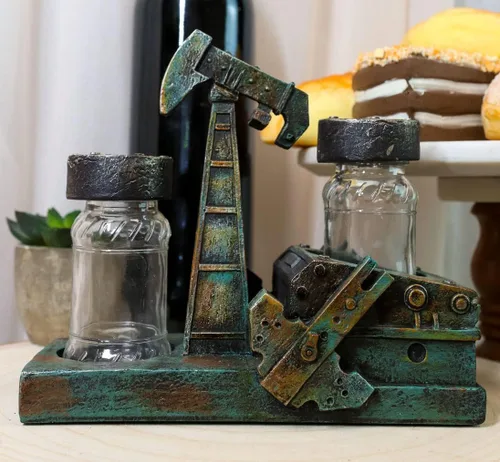 Miniatura 2 de Ebros Gift 6 pulgadas de alto rústico vintage antiguo aceite Derrick Rig bomba de vidrio salero y pimentero organizador titular 'Asintiendo burro