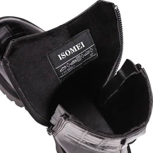 Miniatura 5 de ISOMEI Botines negros de cocodrilo para mujer botas de combate con cremallera y plataforma de charol