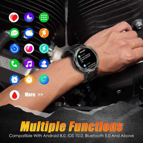 Miniatura 8 de EIGIIS Reloj inteligente militar para hombre, táctico, resistente, con linterna de llamada Bluetooth, pantalla grande de 1.45 pulgadas, monitor