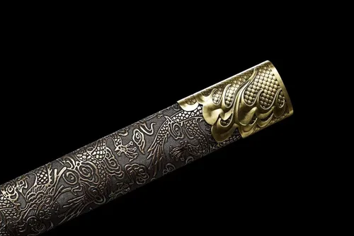 Miniatura 6 de Espada china de la dinastía Tang Dao de acero al carbono, hoja recta afilada, katana con patrón de dragón, funda Dorado