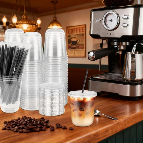 Miniatura 2 de Paquete de 100 vasos de plástico transparente con tapas planas y pajitas, tazas desechables de 12 onzas para café helado, vasos de plástico