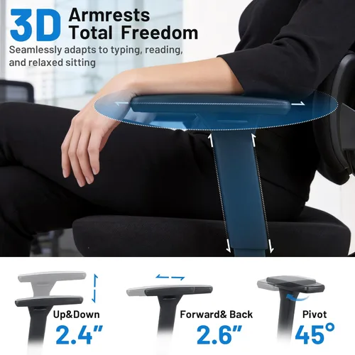 Miniatura 5 de Silla ergonómica de escritorio de oficina, silla de computadora de malla transpirable con respaldo alto, soporte lumbar 3D, reposacabezas 2D