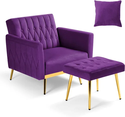 Miniatura 8 de Silla de terciopelo Accent con apoyabrazos y respaldo ajustables, sillón de ocio con botones acolchados, sillón reclinable individual con otomano