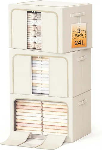 Contenedores de almacenamiento de ropa con marco de metal, organizadores plegables para ropa, sábanas, mantas, almohadas y toallas (24 L, 3 Beige