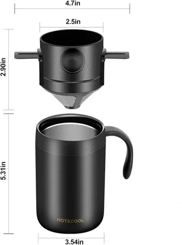 Miniatura 2 de Cafetera portátil de 16 onzas con filtro plegable y agitador, taza de viaje aislada de acero inoxidable con tapa, no necesita filtro de papel, sin