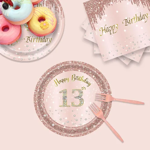 Miniatura 4 de 24 juegos de decoración de fiesta de cumpleaños número 13 de oro rosa para niñas, platos y servilletas para el cumpleaños número 13, tenedores