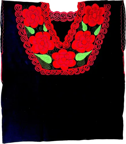 Miniatura 5 de Casa Fiesta Designs Blusa mexicana floral - Auténtica blusa bordada de Chiapas, hecha a mano, color negro con flores rojas, Negro