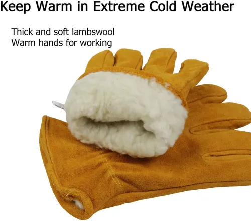 Miniatura 2 de OZERO 2 pares de guantes de trabajo de cuero de invierno forro grueso cálido para trabajo en clima frío, guantes con aislamiento térmico