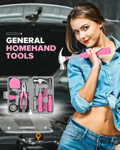 Miniatura 6 de Kit de herramientas de bricolaje para el hogar, oficina y garaje, juego de herramientas de mano pequeñas de reparación general con estuche de Rosa