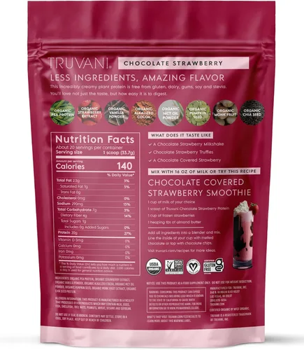 Miniatura 9 de Truvani Proteína vegana de guisante en polvo Chocolate y fresa 0.71 oz de proteína orgánica a base de plantas 20 porciones Keto Sin gluten