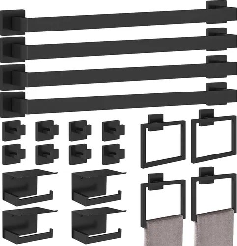 STWWO Juego de 20 piezas de accesorios de baño negro mate, juego de toallas de baño de 24 pulgadas, toalleros de acero inoxidable para baño montado