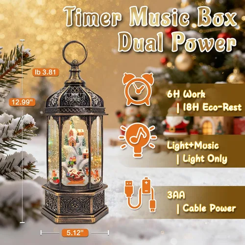 Miniatura 3 de Globo de nieve musical de Navidad, grandes globos de nieve de Santa Village, caja de música con temporizador de 6 horas, regalo de decoración