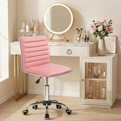 Miniatura 11 de JUMMICO Silla de oficina de tocador sin brazos con ruedas, pequeña y bonita silla de escritorio de maquillaje de cuero acanalado giratoria