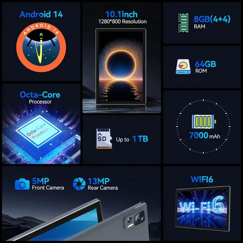 Miniatura 2 de Tableta Android de 10.1 pulgadas, procesador Octa-Core 2026 con almacenamiento de 64 GB, tableta WiFi 6, cámara dual de 13 MP+5MP, tableta 2 en 1