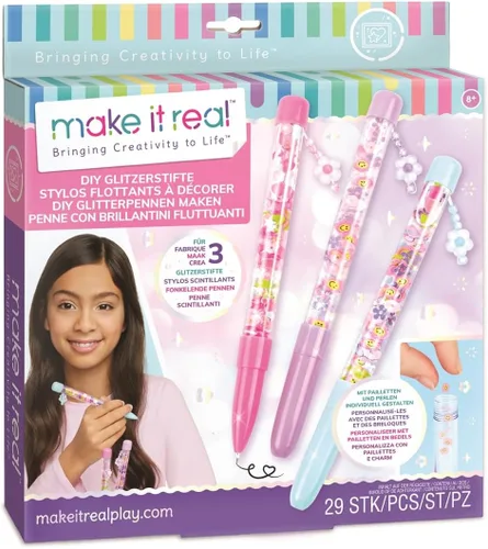 Kit de plumas flotantes DIY Make It Real - Crea 3 plumas brillantes y personalizables con purpurina y encantos - Actividad creativa divertida sin
